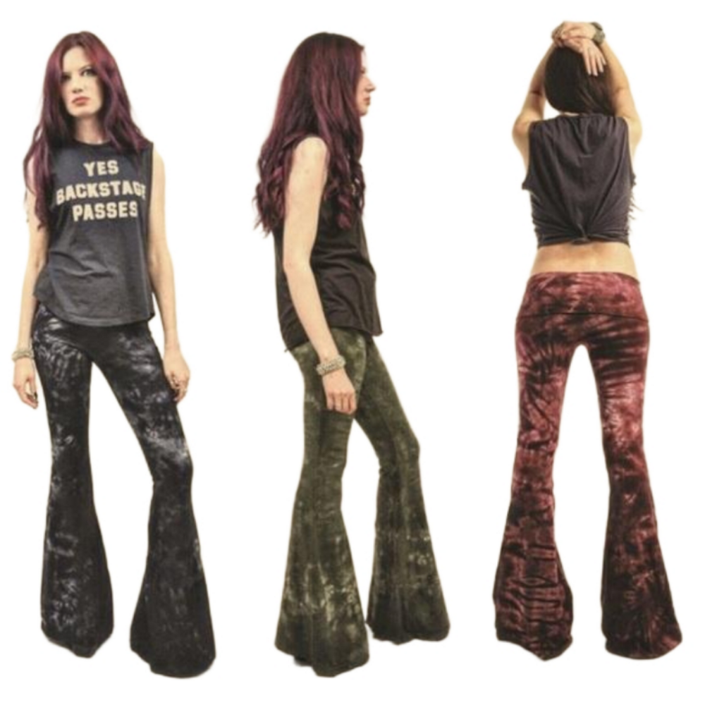 SHORT LENGTH Tie Dye Bell Bottoms - Adjustable Waistband Yoga Flare Pants Flares - Picture 4 of 10